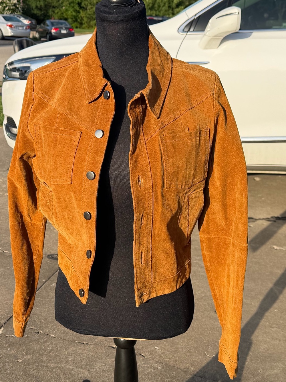 Cropped Women's Suede Jacket in Mustard Brown